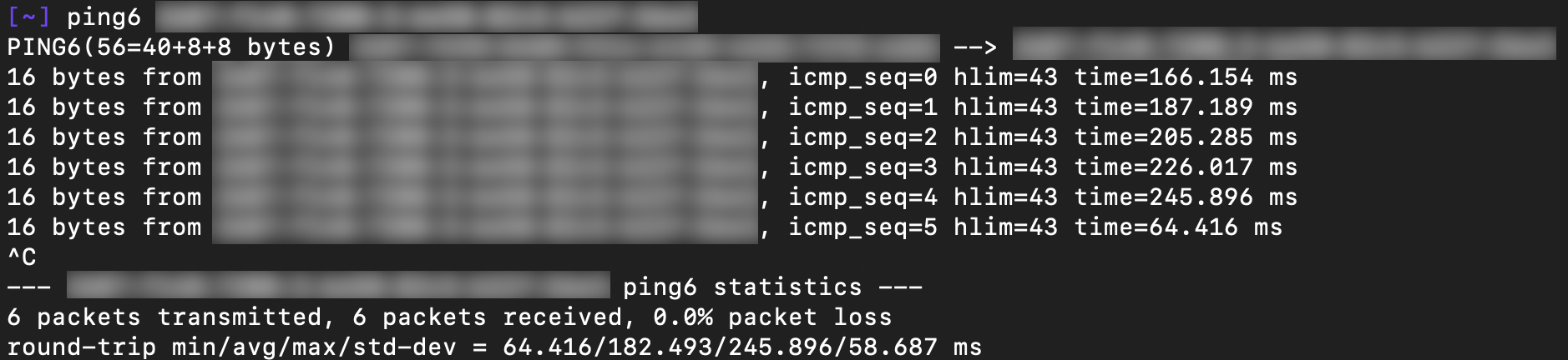 Screenshot of <code>ping6</code> receiving responses for the IPv6 address