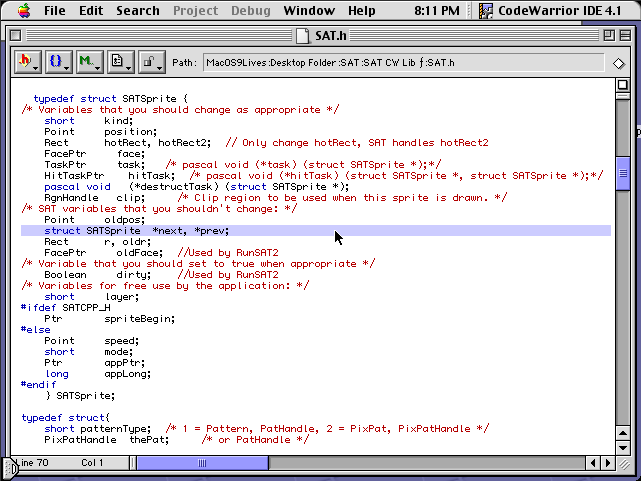 Screenshot of SAT.h in CodeWarrior, with the &ldquo;next&rdquo; and &ldquo;prev&rdquo; pointers highlighted