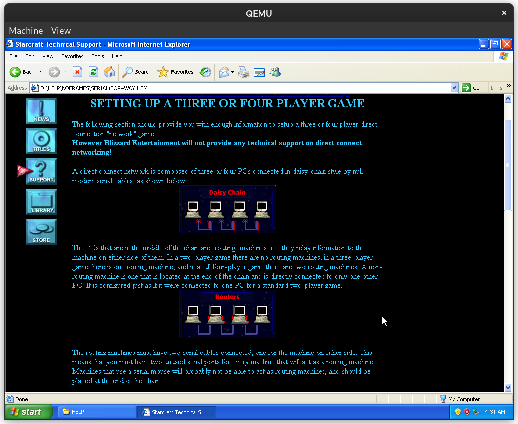 Starcraft documentation page titled &ldquo;SETTING UP A THREE OR FOUR PLAYER GAME&rdquo; showing diagrams of four computers connected in a chain by serial cables.