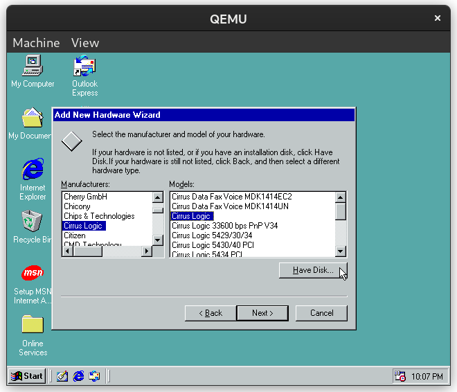 Windows 98 &ldquo;Add New Hardware Wizard&rdquo; dialog box