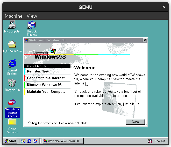 The Windows 98 welcome screen says &ldquo;Welcome to the exciting new world of Windows 98, where your computer desktop meets the Internet.&quot;