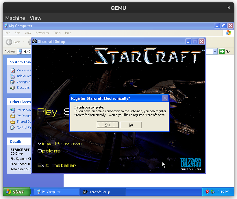 Windows dialog box showing Starcraft installed successfully
