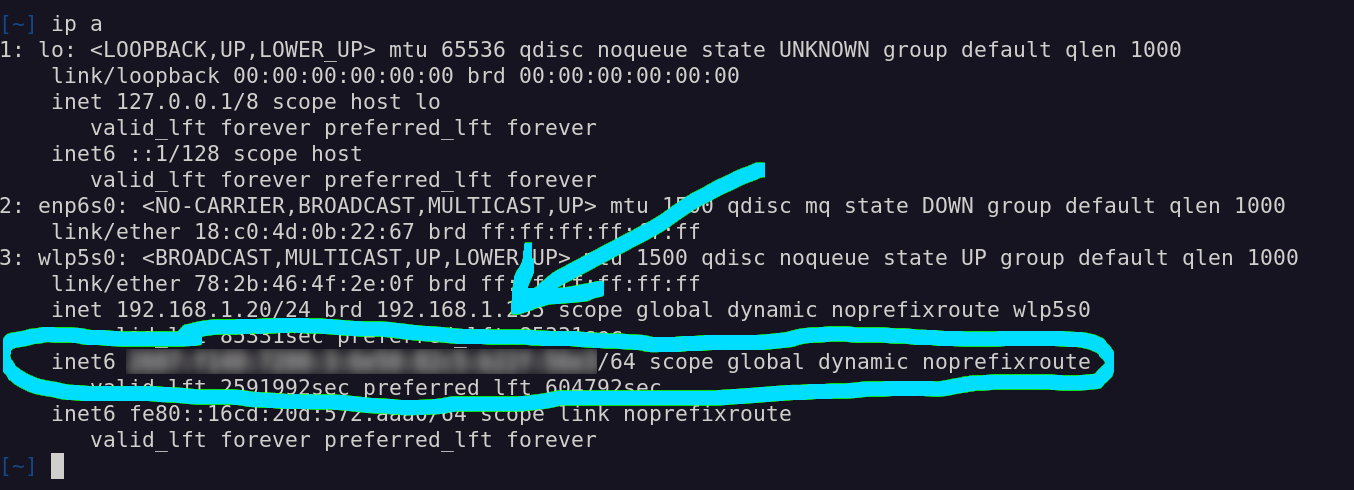 Screenshot of <code>ip a</code> command showing an IPv6 address