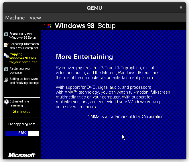 Windows 98 Setup splash screen titled &ldquo;More Entertaining&rdquo;