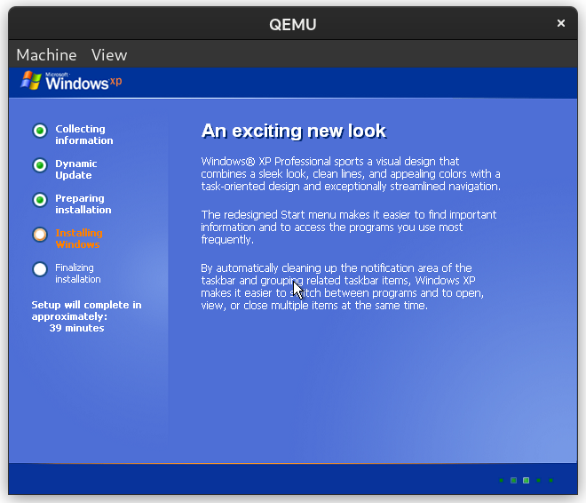 Windows XP installer screen describing its &ldquo;exciting new look&rdquo;